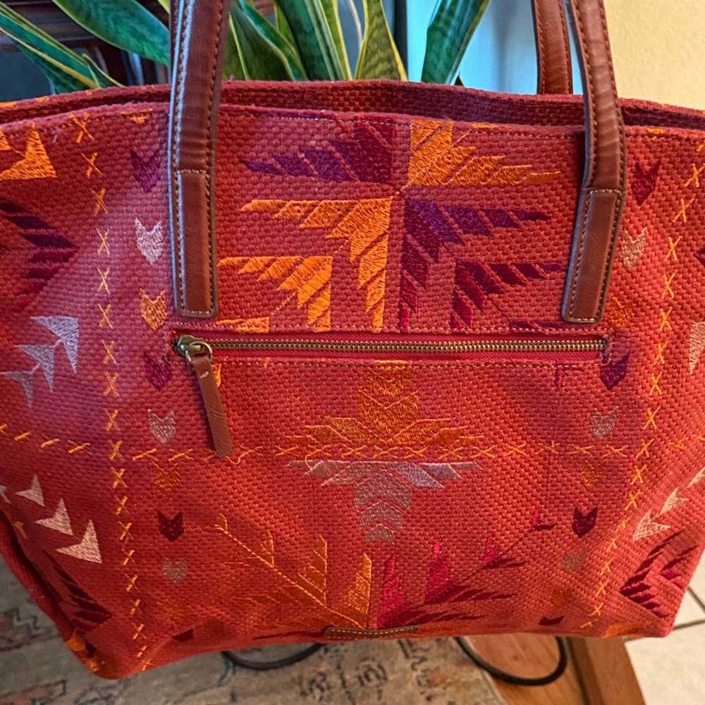 Lucky Brand  w/ leather handles Stylish Red Patterned Tote Bag
